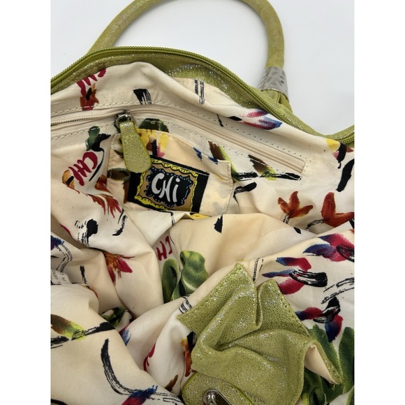 Chi Falchi Metallic Collage Hobo Shoulder Bag Lime Green Flowers Sparkly Leather - Picture 8 of 12